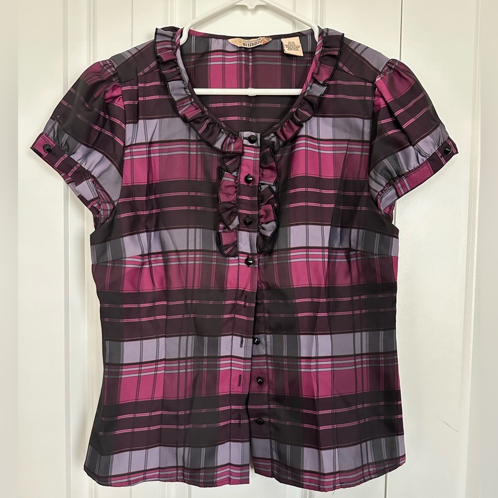 Short sleeve purple plaid short sleeve blouse